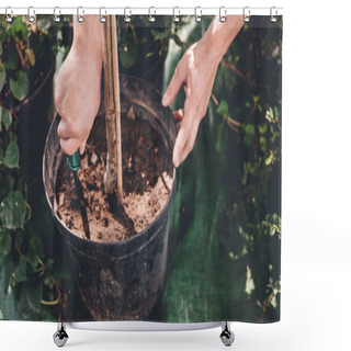 Personality  Gardener With Hand Trowel Planting A Plant Shower Curtains