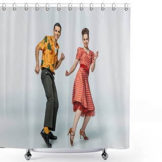 Personality  Cheerful Dancers Looking At Camera While Dancing Boogie-woogie On Grey Background Shower Curtains