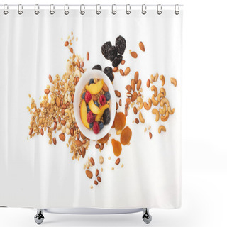 Personality  Top View Of Delicious Granola With Nuts And Fruits Scattered From Bowls Isolated On White Shower Curtains