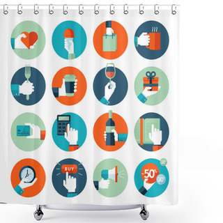 Personality  Flat Design Icons Collection Of Hand Using A Variety Of Products Shower Curtains