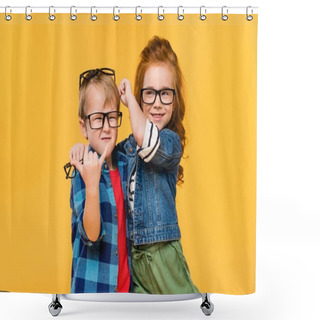 Personality  Portrait Of Smiling Kids In Eyeglasses Isolated On Yellow Shower Curtains