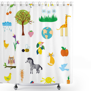 Personality  Nature Seamless Pattern With Icons For Flowers, Animals, Fruits And Trees For Kids. Vector Graphic Illustration Shower Curtains