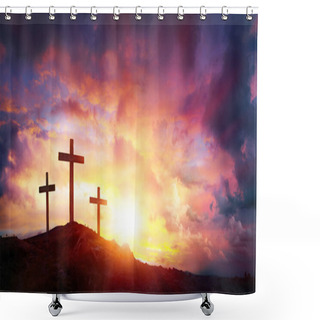 Personality  Crucifixion Of Jesus Christ At Sunrise - Three Crosses On Hill Shower Curtains