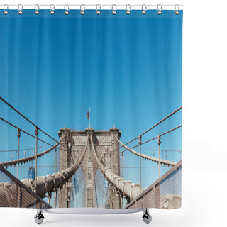 Personality  Brooklyn Bridge With American Flag On Clear Blue Sky Background, New York, Usa Shower Curtains