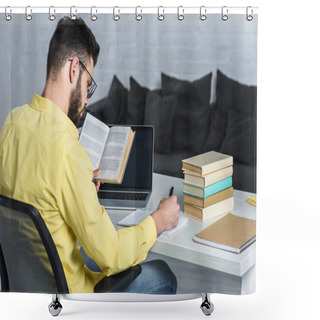 Personality  Bearded Man Studying With Book Near Laptop With Blank Screen In Modern Office Shower Curtains