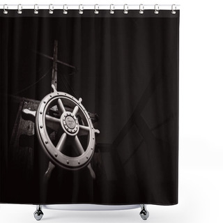 Personality  Wooden Steering Wheel On An Old Ship Shower Curtains