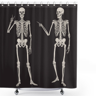 Personality  Human Skeletons Posing Isolated Over Black Background Vector Illustration. Hand Drawn Gothic Style Placard, Poster Or Print Design. Shower Curtains