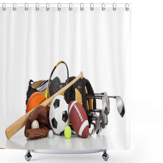 Personality  Assorted Sports Equipment On A White Background Shower Curtains