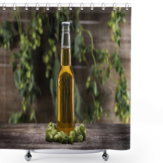 Personality  Beer In Bottle With Fresh Green Hop On Wooden Table In Darkness With Back Light Shower Curtains
