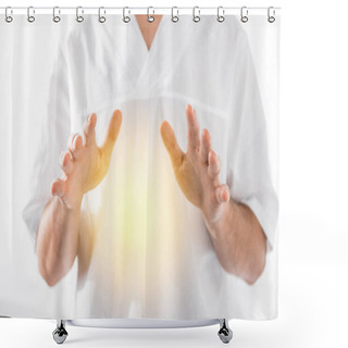 Personality  Cropped View Of Healer Cleaning Aura On White Shower Curtains
