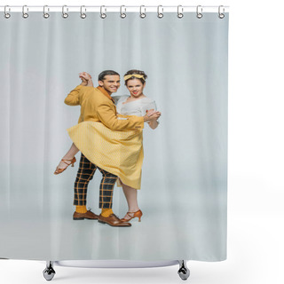 Personality  Smiling Dancers Holding Hands While Dancing Boogie-woogie On Grey Background Shower Curtains