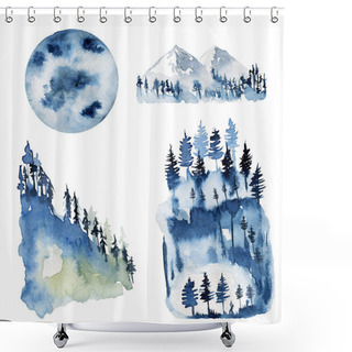 Personality  Collection Of Watercolor Forest Landscapes And Mountain View, Hand Drawn Isolated Illustration On White Background Shower Curtains