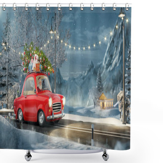 Personality  Santa Claus In Cute Little Retro Car With Decorated Christmas Tree On Top Goes By Wonderful Countryside Road. Unusual Christmas 3d Illustration Shower Curtains