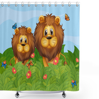 Personality  A Big And A Young Lion In The Garden Shower Curtains