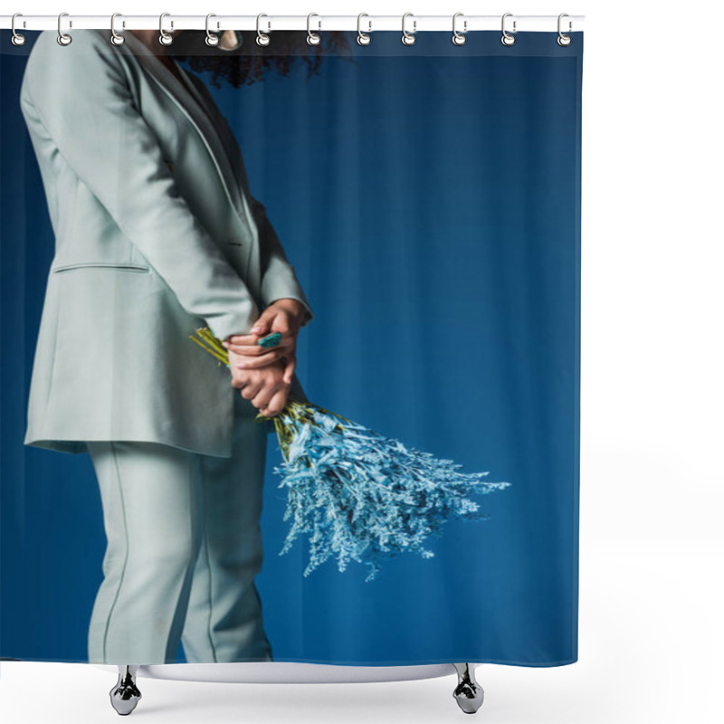 Personality  Cropped View Of African American Woman Holding Bouquet Isolated On Blue Shower Curtains