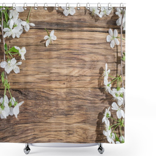 Personality  Blooming Cherry Twig Over Old Wooden Table. Shower Curtains