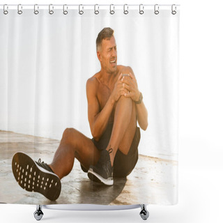 Personality  Young Shirtless Sportsman Suffering From A Knee Pain At The Beach Shower Curtains