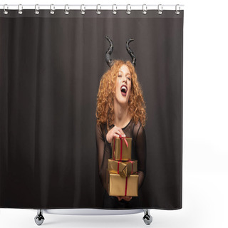 Personality  Laughing Woman In Maleficent Costume Holding Presents For Halloween On Black Shower Curtains