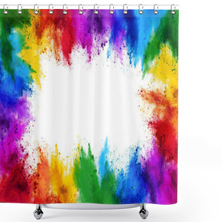 Personality  Frame Border With Copy Space Of Colorful Rainbow Holi Paint Color Powder Explosion Isolated On White Background Shower Curtains