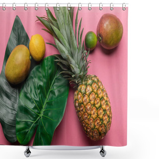 Personality  Top View Of Ripe Exotic Fruits With Green Leaves On Pink Background Shower Curtains