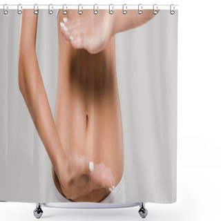 Personality  Partial View Of Beautiful Slim Woman In Underwear Posing With Hands Near Belly Isolated On Grey, Panoramic Shot Shower Curtains