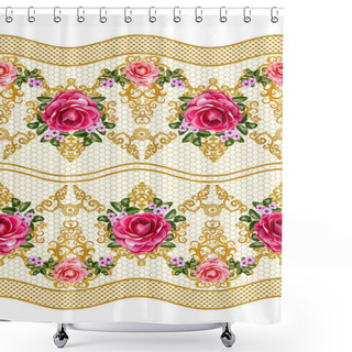 Personality  Pattern, Seamless, Floral Border.Garland Of Flowers. Beautiful Bright Pink Rose, Camellia, Buds, Leaves, Rough Cloth, Canvas. Golden Curls, Shiny Tracery Weave. Vintage Old Background. Shower Curtains