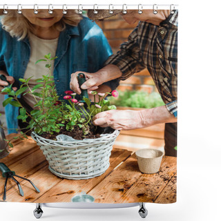 Personality  Cropped View Of Senior Man Holding Shovel Near Plant And Wife  Shower Curtains