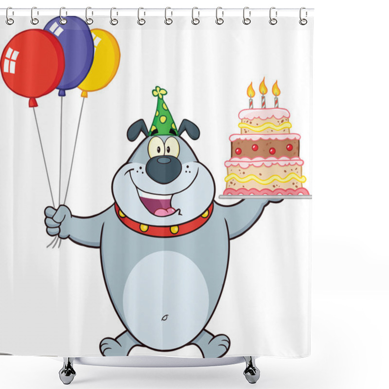 Personality  Birthday Gray Bulldog Cartoon Character Holding Up A Birthday Cake With Candles Shower Curtains