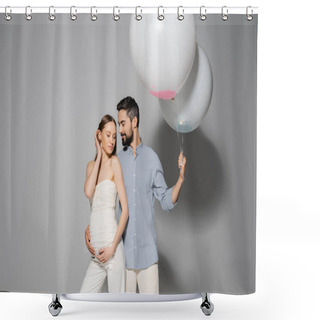 Personality  Smiling And Bearded Man Hugging Stylish Pregnant Wife And Holding Festive Balloons During Gender Party And Celebration On Grey Background, Expecting Parents Concept, Boy Or Girl  Shower Curtains