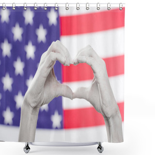 Personality  Cropped View Of Female Hands Painted In White Showing Heard-shaped Sign Near American Flag Shower Curtains