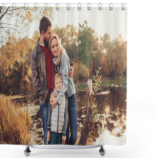 Personality  Happy Family Spending Time Together Outdoor. Lifestyle Capture, Rural Cozy Scene. Father, Mother And Son Walking In Forest Shower Curtains