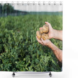 Personality  Farmer Holding Potatoes In Field Shower Curtains