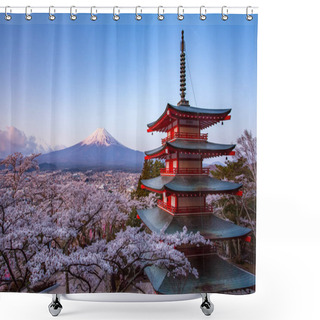 Personality  Landscape Of Mountain Fuji And Chureito Red Pagoda With Sakura Trees Blossom Shower Curtains