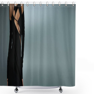 Personality  Cropped View Of Sexy Tattooed Woman In Black Halloween Dress Posing On Grey, Gothic Beauty, Banner Shower Curtains