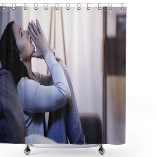 Personality  Depressed Woman In Casual Clothes Sitting On Sofa With Praying Hands Near Mouth And Looking Up At Home Shower Curtains