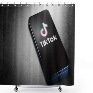 Personality  Tik Tok Social Media Application Emblem On Smartphone Screen Close-up. Android Google Play Store App On Wooden Table. 3d Rendered. Russia, Chuvash Republic, Cheboksary. 08/31/2020 Shower Curtains