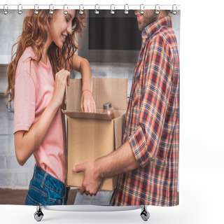 Personality  Cropped Image Of Couple Unpacking Cardboard Box At New Home Shower Curtains