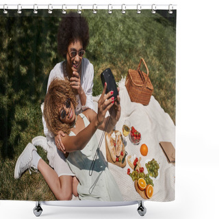 Personality  Top View Of Joyful African American Girlfriends Taking Selfie Near Food And Wine, Picnic In Park Shower Curtains