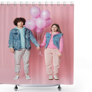 Personality  Smiling Teenager Holding Hand Of Boyfriend Near Balloons On Pink Background  Shower Curtains