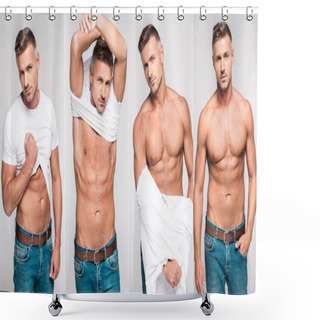 Personality  Collage Of Handsome Man Taking Off White T-shirt And Stripping Torso On Gray Background Shower Curtains
