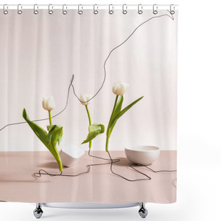 Personality  Creative Floral Composition With Tulips On Wires, Cup And Square Cube Isolated On Beige Shower Curtains