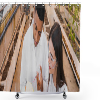 Personality  Multiethnic Botanists Working With Cauliflower And Syringe In Greenhouse, Banner  Shower Curtains