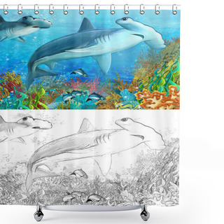 Personality   The Coral Reef - Swimming Shark - Illustration For The Children Shower Curtains