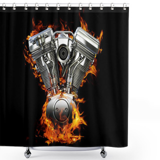 Personality  Chromed Motorcycle Engine On Fire Shower Curtains