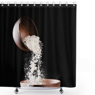 Personality  Bowl With Falling Flour Into Another Bowl Isolated On Black Shower Curtains
