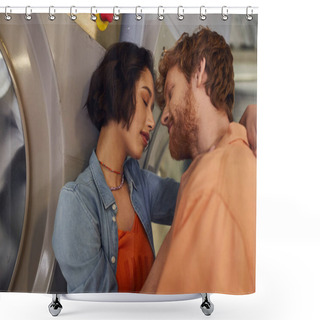 Personality  Young Multiethnic Romantic Couple Kissing Near Washing Machine In Public Laundry Shower Curtains