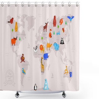 Personality  Animals On World Map Flat Vector Illustration Shower Curtains