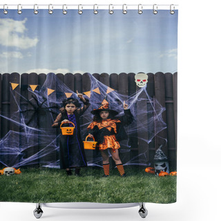 Personality  Girls In Halloween Costumes Holding Buckets And Pointing With Fingers Near Decor On Fence Outdoors Shower Curtains