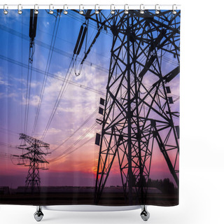 Personality  The Silhouette Of The Evening Electricity Transmission Pylon Shower Curtains