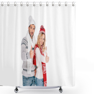 Personality  Beautiful Young Couple In Winter Outfit Showing Thumbs Up And Smiling At Camera Isolated On White Shower Curtains